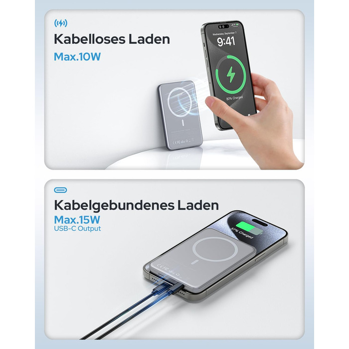 Магнітний Power Bank для iPhone з підтримкою MagSafe 5000mAh, зовнішній акумулятор з бездротовою зарядкою та USB-C, сріблястий