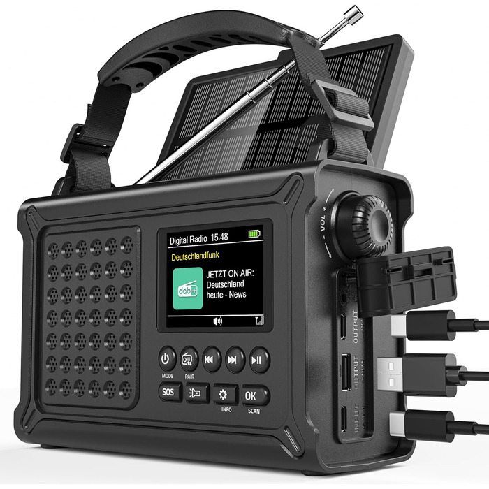 Радіо Kurbelradio на сонячній енергії та з ручним приводом | DAB/DAB+/UKW, Bluetooth 5.0 | Радіо для надзвичайних ситуацій з сонячною панеллю 8500 мм² та ручним приводом 650 мА | Портативне динамо-радіо з сонячною батареєю | Ліхтар та зарядний пристрій | 