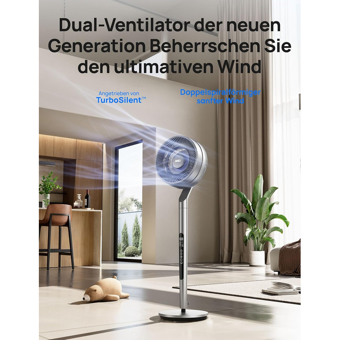Вентилятор Dreo з інтелектуальним керуванням, висота 101,6–111,8 см, тихий DC вентилятор для спальні, кут огляду 120°+85°, повітряний потік 30,5 м, срібний