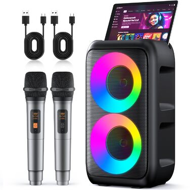 Караоке машина з 2 мікрофонами Bluetooth: портативна колонка з LED підсвіткою для дорослих та дітей, чорна