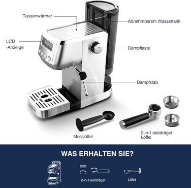 AMZCHEF Espresso Machine 20 Bar | Espresso Machine with Milk Frother | Semi-Automatic Espresso Machine with 2-IN-1 Portafilter for Single and Double Shots | Espresso Machine with Removable Water Tank 1.3 L 1.3L
