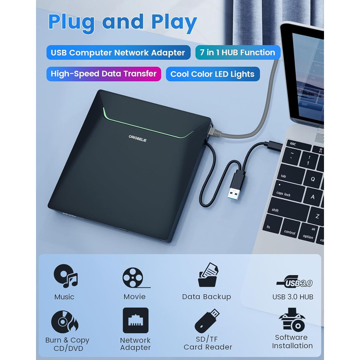 Зовнішній DVD-накопичувач ORIGBELIE з RJ45 Ethernet-адаптером та USB 3.0 хабом (3 USB, 2 TF/SD), зовнішній CD-записувач для ноутбука, MacBook, PC Windows, Linux, Mac OS, з сумкою для перенесення