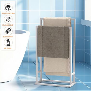 Підставка для рушників на підлозі, металева, з 2 перекладинами, для ванної кімнати, стабільна, економна, індустріальний стиль (білий)