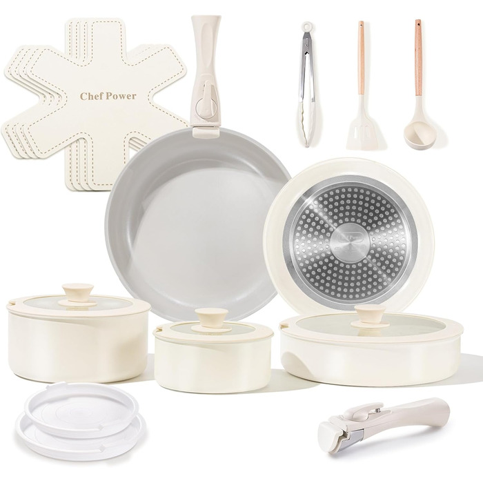 Набір посуду Chef Power Keramik 19-ти частинний, з антипригарним покриттям, знімний ручка, для індукційних плит, сумісний з посудомийною машиною, для духовки, набір для дому/кемпінгу, сірий та білий колір