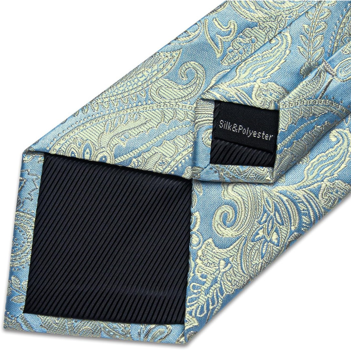 Чоловіча краватка DiBanGu з шовку, візерунок павлина та квіти, комплект: краватка, нагрудна хустинка, краваткова застібка, манжетні кнопки, класичний стиль, для весілля та свят (світло-золото-блакитний)