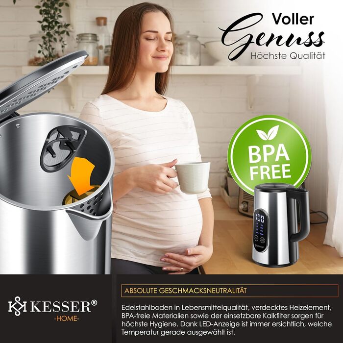 KESSER® Stainless Steel Kettle 1.7 Liter | LED Display | 4-Mode Temperature Setting 40°C-100°C | 30-Minute Keep Warm | Electric Tea Kettle 2200W BPA-Free | Scale Filter & Easy-Open Lid, (Silver)