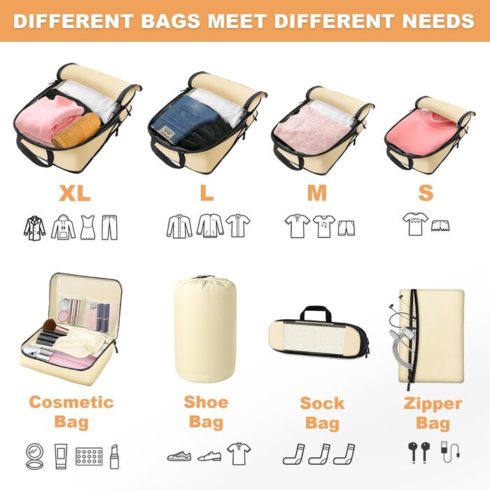 Органайзер для валізи Otauoaea: набір з 8 частин - компресійні куби для пакування, дорожній органайзер для валізи, кофри, косметичка - бежевий