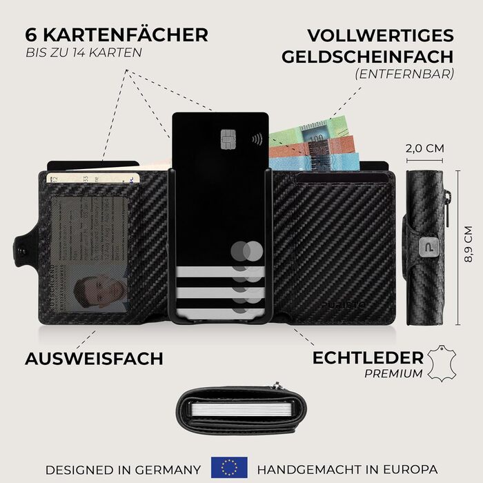 Чоловічий шкіряний гаманець PURISTO KLIK Classic Slim з відділом для монет та RFID-захистом - компактний картхолдер на 10-14 карт (Carbon, AirTag Mini)