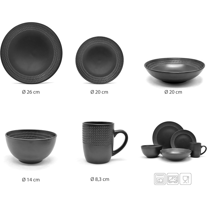 Набір посуду 'BlackStyle' від ECHTWERK (20 предметів): 6 тарілок, 6 супових тарілок, 6 салатників, 6 чашок.