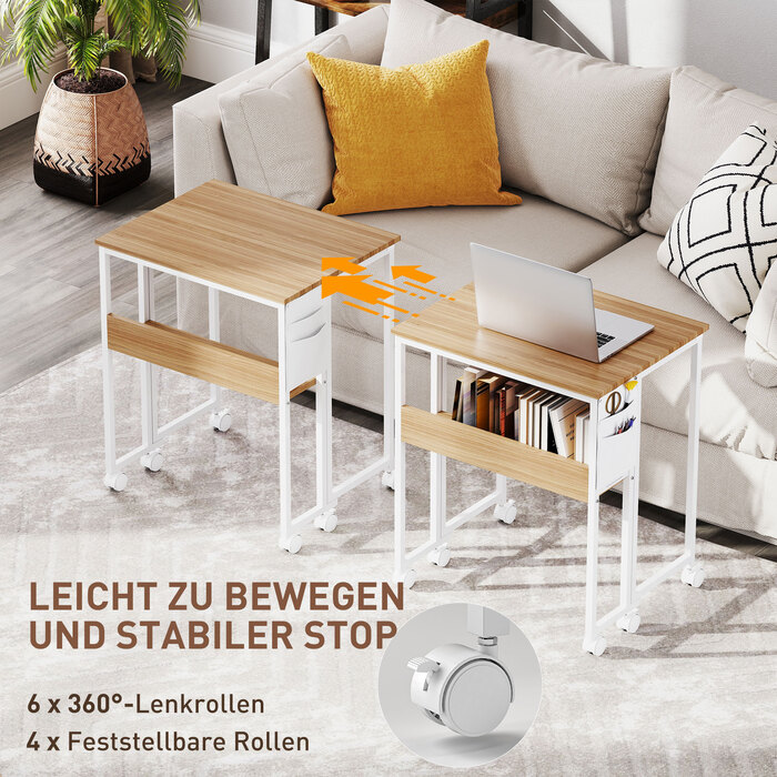 HOMCOM Folding Desk Small 63 cm Folding Desk with Wheels Space-Saving Computer Desk with Shelf, Storage Bag, for Home Office, Natural | Aosom