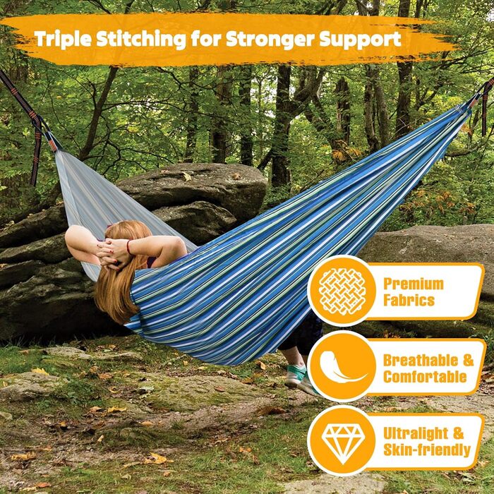 Ніжність у подорожах: Легка туристична гамак NATUREFUN | 300 кг, дихаюча, швидковисихаюча | 2 x карабіни, 2 x петлі | для відпочинку на природі, вдома, в саду (275 x 140 см, блакитно-білий)