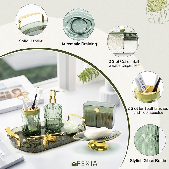 Набір аксесуарів для ванної кімнати FEXIA (5 шт.) - зелений декор у стилі бохо, органайзер для зубних щіток, дозатор мила, лосьйону