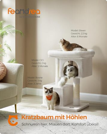Feandrea Cat Tree, 84 cm Cat Tree, L, Cat House for Large Cats up to 7 kg, Large Platform, 2 Cat Caves, Sisal Posts, PCT61W (L (60 x 40 x 84 cm), Cream White)