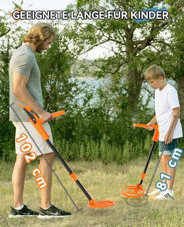 Металодетектор SUNPOW для дітей - LCD-дисплей з мультфільмами, водонепроникна котушка IP68, унісекс дизайн, 3 режими (All Metal/Disc/Pinpoint), регульована ручка 81-102 см для дітей 5-12 років, помаранчевий