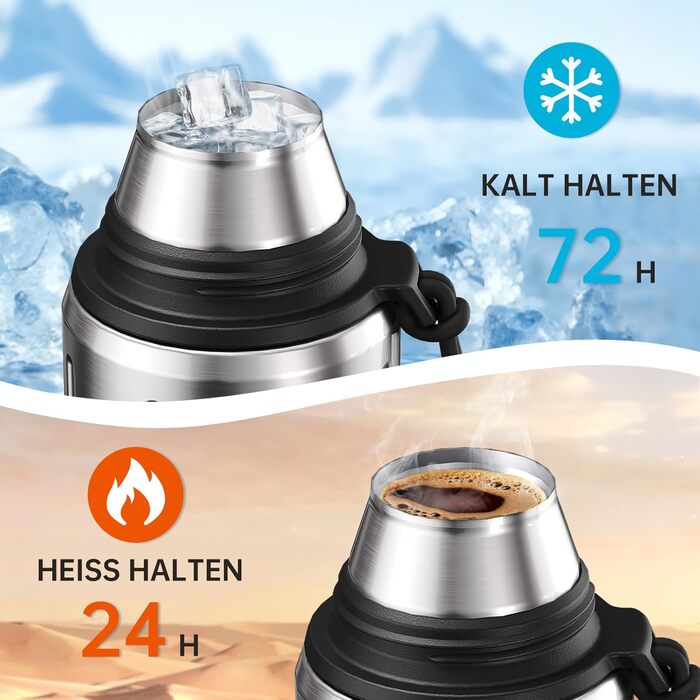 Термос Healter Thermoskanne 1л з чашкою (72 години холод, 24 години гаряче) – термофляга для кави, чаю, термокружка з фільтром та знімним дном. Підходить для подорожей, офісу та школи (зелений, срібний)