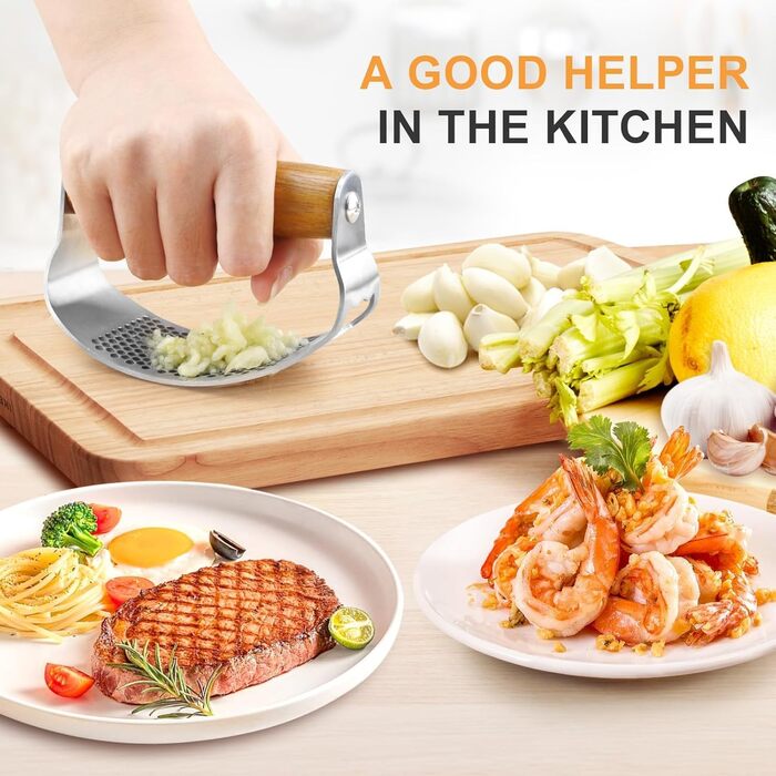 Пресс для часнику з нержавіючої сталі з важелем, дерев'яний ручка, прес для часнику, подрібнювач часнику, кухонний гаджет, легкий у чищенні