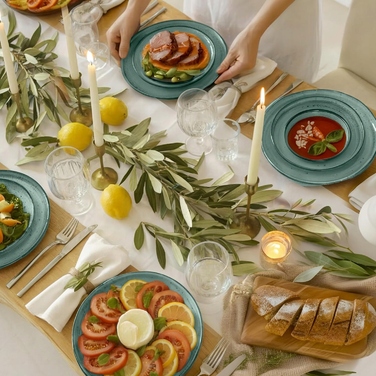 Керамічний обідній сервіз на 6 осіб, набір тарілок 24 предмети, стиль рустик бохо