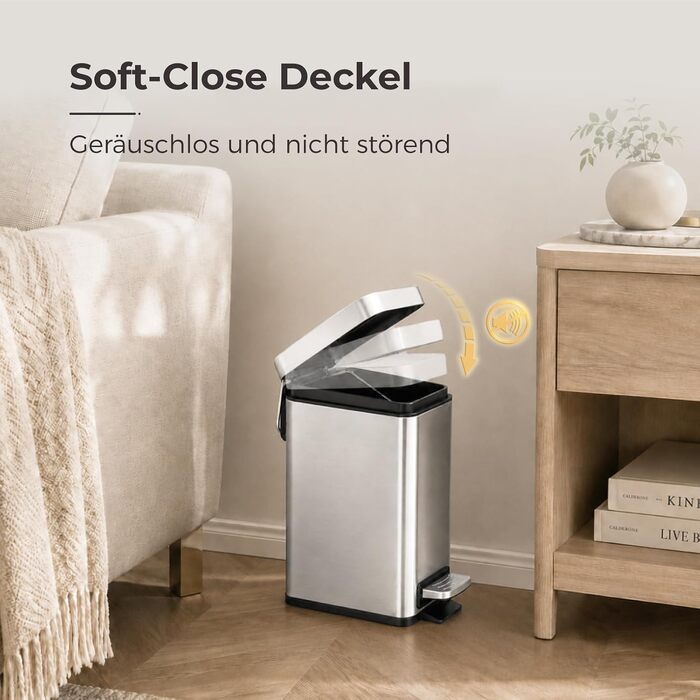 Сміттєвий кошик для ванної кімнати з педаллю та Soft-Close кришкою, 5 л, нержавіюча сталь, чорний