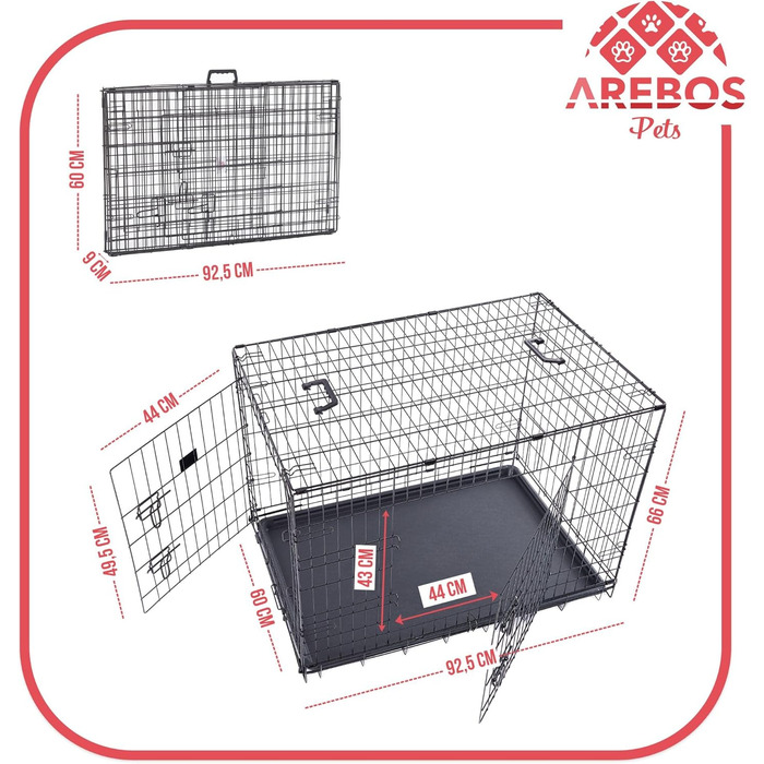 Клітка для собак Arebos | Транспортна переноска для собак, розкладна | Чорна клітка для собак, 92.5 x 60 x 66 см