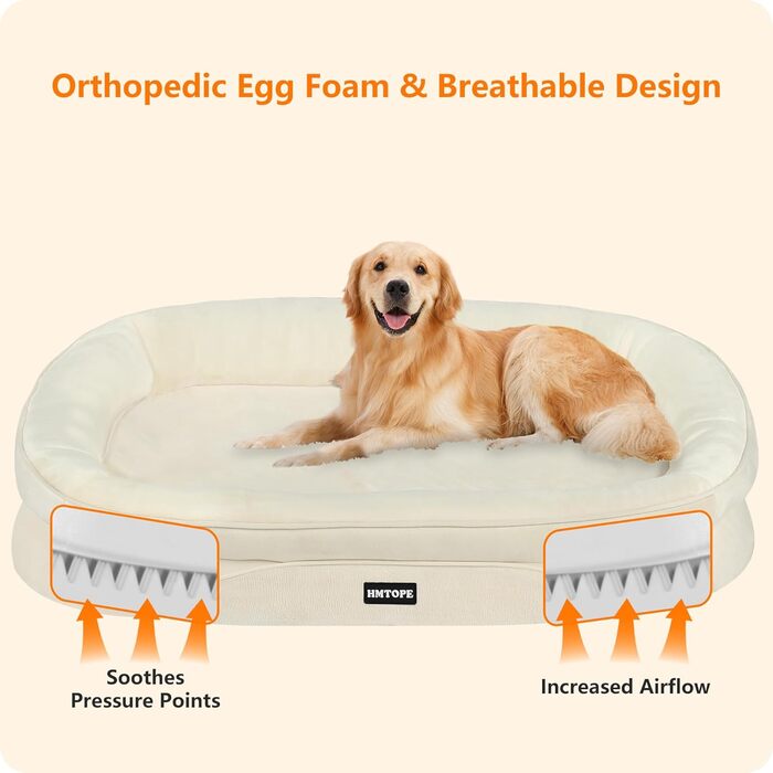 Ортопедичне ліжко для собак, ліжко-софа для собак з валиком для шиї, антиковзаюча підставка, знімне та пральне, для собак середніх та великих порід, 106 x 79 x 17 см, бежеве