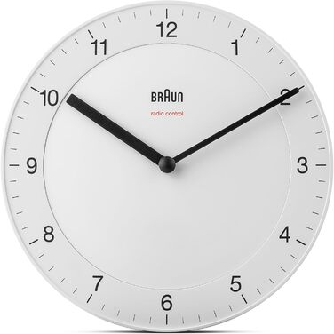 Braun Classic Radio Wall Clock, Central European Time Zone (CET/GMT+1) with a quiet movement, easy-to-read dial with a 20 cm diameter in white, model BC06W-DCF.
