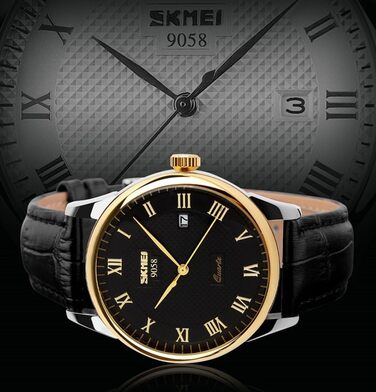 Чоловічий годинник SKMEI з римськими цифрами та шкіряним ремінцем, аналоговий кварц (чорний/золотий)
