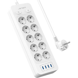 Мережева розетка JSVER на 10 розеток з 4 USB-портами для зарядки, біла. 16A, з вимикачем та кабелем 2м.