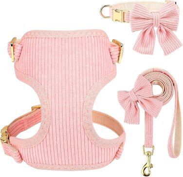 Didog Sweet Collar Harness and Leash Set for Small Dogs, Adjustable Collars and Leashes with Bow Tie, Breathable Soft Mesh Padding for Small Dogs When Walking, Pink, S