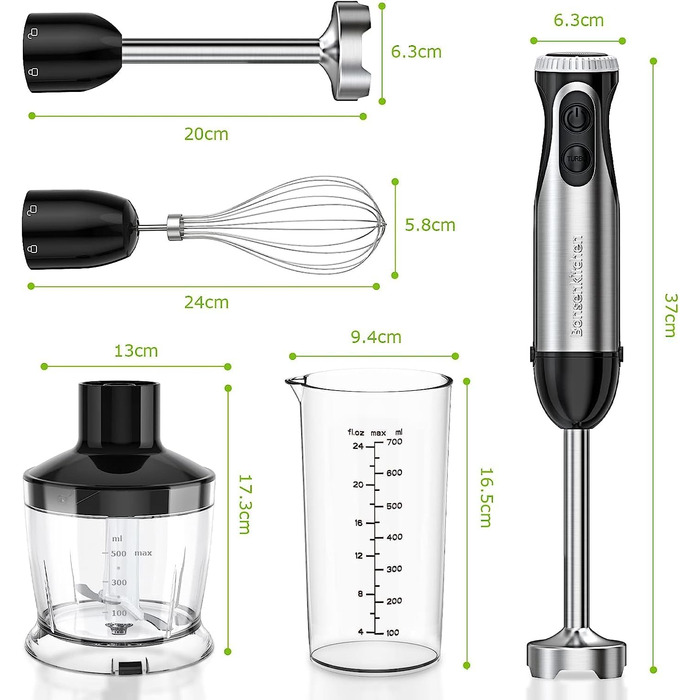 Bonsenkitchen Immersion Blender, 4-in-1 Electric Stick Blender, 1000W Variable Speeds, Stainless Steel, Whisk, 500ml Chopper and 700ml Measuring Cup for Baby Food, HB3203 (Black)