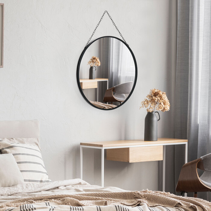 HOMCOM Wall Mirror Makeup Mirror Round Mirror Ø 50 cm with Decorative Mounting, Black Metal and Glass for Bathroom and Hallway
