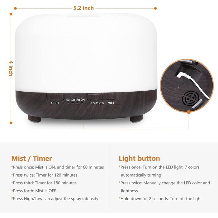 Аромадифузор Hianjoo 450мл з таймером, ультразвуковий, 7 кольорів LED, з пультом, для спа/офісу/йоги - темне дерево