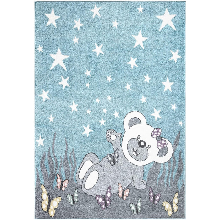 Килим у дитячу кімнату Teddy-Bär, блакитний/сірий, 120x160 см, короткий ворс, зірки та метелики, м'який килим для дітей