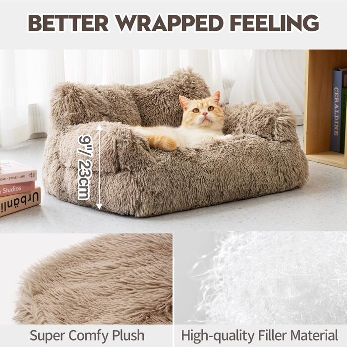 MEWOOFUN Stylish Cat Bed Cat Sofa Fluffy - 76x45cm Large Cat Bed Plush Cat Couch for Small Dogs and Cats Removable and Washable (brown)