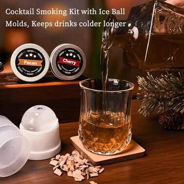 Набір для копчення коктейлів: 6 смаків, дерев'яні чипси, форми для льоду, 2 склянки. Ідеальний подарунок для чоловіків. (Без бутану)