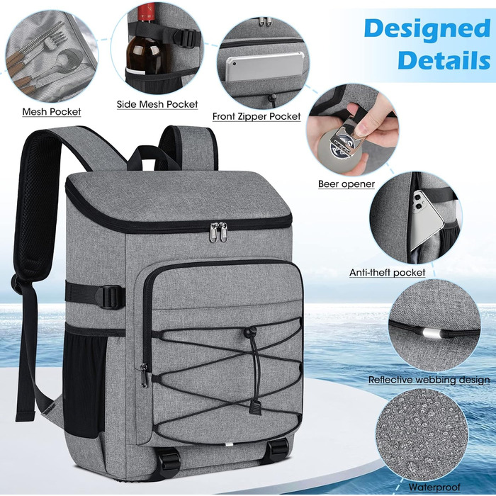 NUBILY 30L Insulated Cooler Backpack - Waterproof Cooler Bag Backpack, Large Insulated Cooler Bag, Thermo Lunch Bag for Camping, Outdoor Activities, Travel, BBQ, Hiking (Gray)