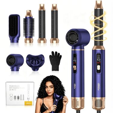 Мультистайлер для волосся 6 в 1 UKLISS Air Styler Set з дифузором, фен-щітка та вирівнювач для волосся, 1000 Вт, LCD-дисплей, Gold Blau