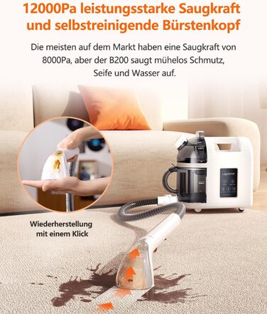 UWANT Теперішній пилосос для килимів, для диванів, килимів, м'яких меблів, мокрий/сухий пилосос з сильною потужністю всмоктування 12000Pa, 70dB (B200-білий-з щіткою для прасування)