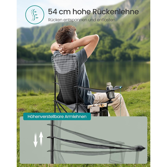 Набір кемпінгових стільців SONGMICS 2 шт, складані, для риболовлі, з високою спинкою, регульованими підлокітниками, підсклянниками, до 150 кг, сірий