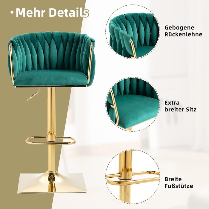 Emerald Velvet Bar Stools 2-Pack - Adjustable Swivel Kitchen Barstools with Backrest for Kitchen & Home Bar