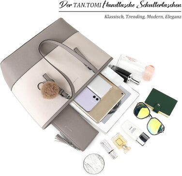 Сумка жіноча TANTOMI з гаманцем: велика сумка для офісу, школи, покупок, сіро-бежева з пензликами та пухнастим брелоком