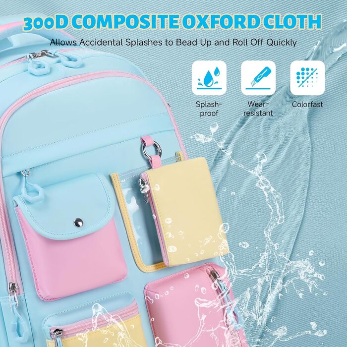 Рюкзак для дівчинки Tanou: великий шкільний рюкзак для підлітків з тканини Oxford, з багатьма відділеннями (блакитний, рожевий)