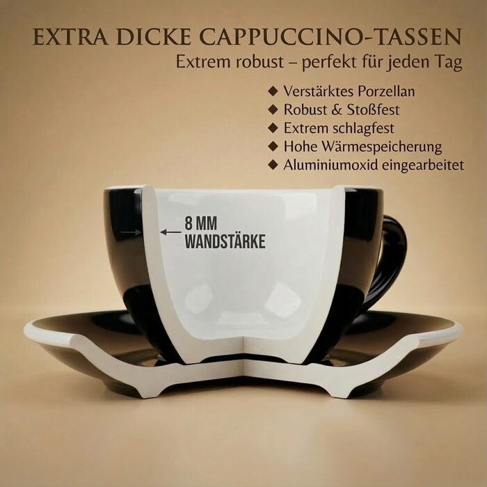 Набір з 6 еспресо-чашок | Хром | Італійський стиль | Dickwandig & Schwer | Еспресо-набір 6 шт. з підставками - подарунковий (200 мл, Чорний та білий)