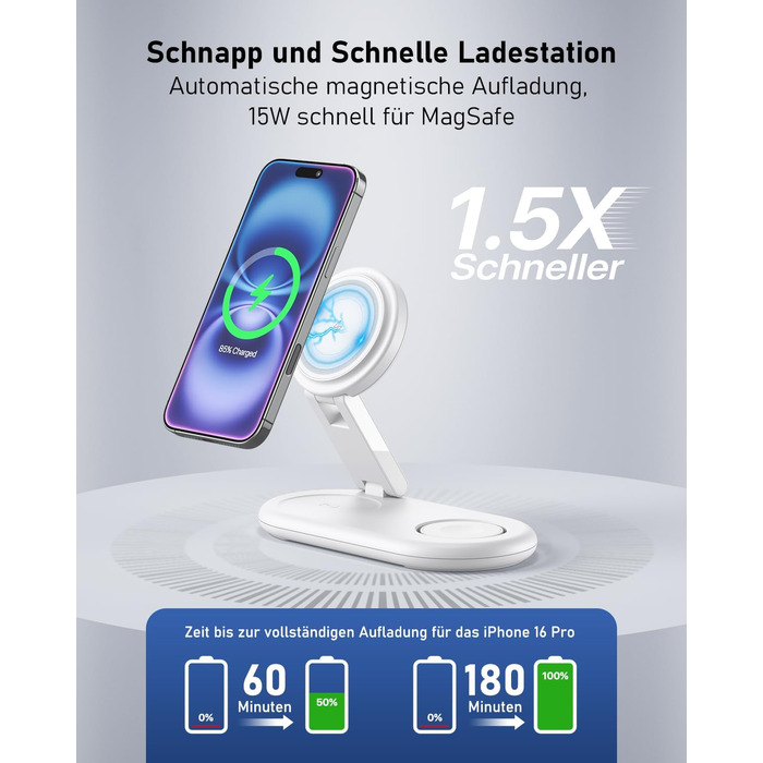 Портативна зарядная станція 3-в-1 для Apple Watch та iPhone з MagSafe, сумісна з iPhone 17, 16, 15, 14, 13, 12, AirPods Pro (біла)