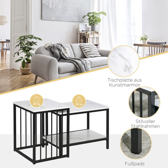 HOMCOM Set of 2 Side Tables, Coffee Table, Nesting Table, Sofa Table with Modern Design, Living Room Table with Marble Look, for Bedroom, Steel | Aosom