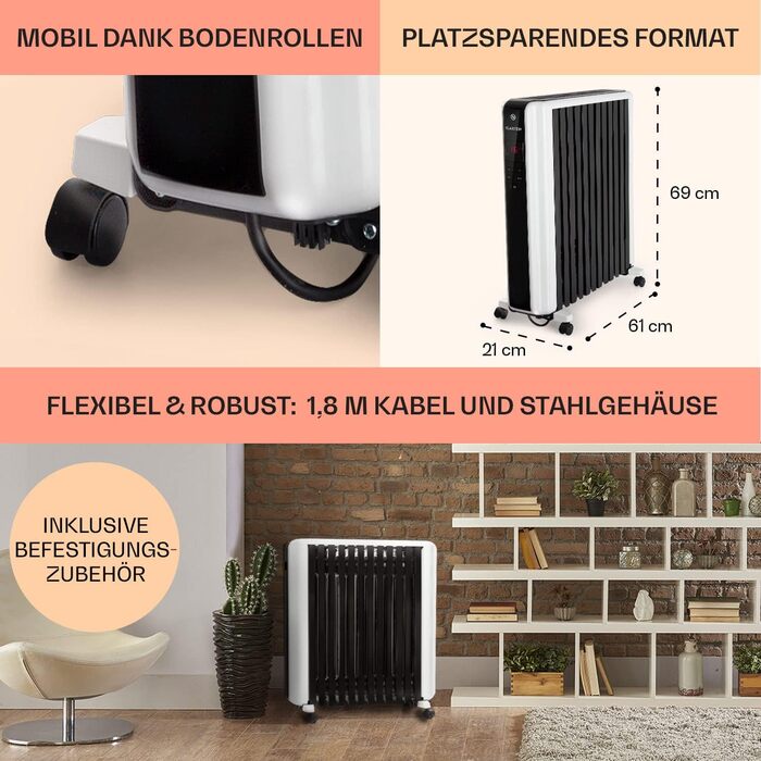 Електричний масляний радіатор Klarstein Thermaxx 2500 - опалення, 2500 Вт, 5-35°C, LED-дисплей, таймер, ролики, білий/чорний
