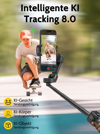Стабілізатор для телефону Smart V8 Black з 3-осьовою стабілізацією та 7.8-дюймовою штангою, AI-трекінг, OLED-дисплей, кнопка зйомки