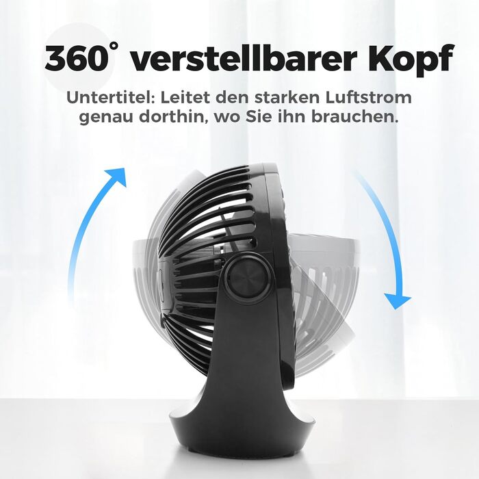 USB вентилятор OCOOPA: компактний настільний вентилятор з потужним потоком повітря та тихим режимом роботи. 3 швидкості, 360° обертання, портативний для офісу, дому та відпочинку на природі (чорний)
