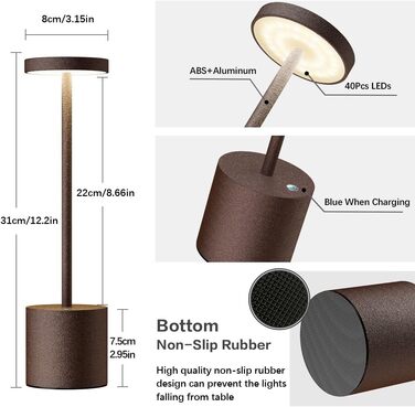 LED акумуляторна настільна лампа бездротова, 5000mAh, USB-зарядка, диммування, 3 режими кольору, для дому та вулиці