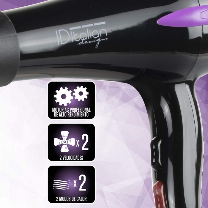 Професійний фен для волосся ID Italian Design з насадкою для укладки, 2200W, 3 температурні та 2 швидкості, матовий чорний