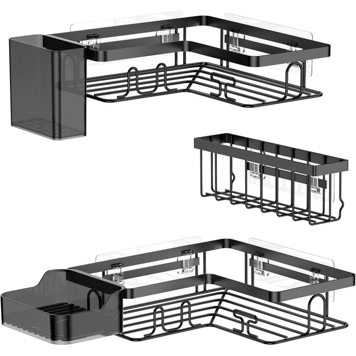YEAUPE PRO Поличка для душу без свердління в кут – 5-елементний набір для ванної кімнати з 2 кутовими полицями, мильницею, тримачем для зубних щіток та кошиком, самоклеюча поличка на стіну, чорний кутовий кріплення